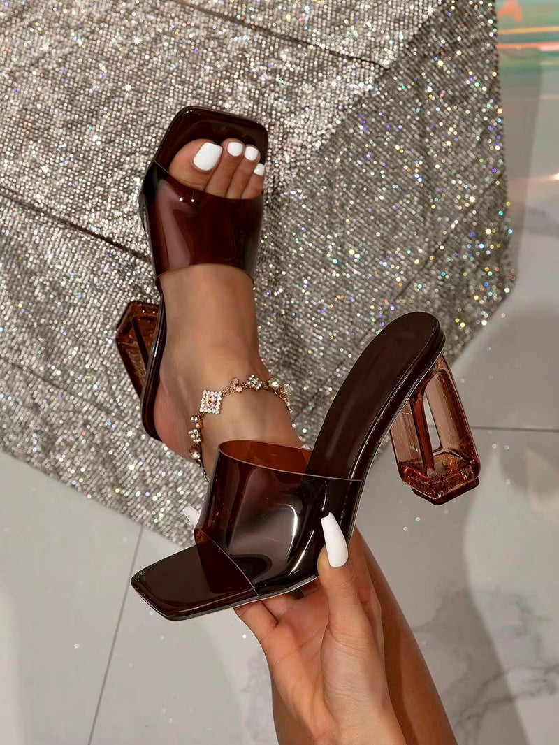Women Transparent High Heeled Mules With Asymmetrical Heel, New Summer Style Comfortable Versatile Glass Jelly Crystal,Chunky Heels