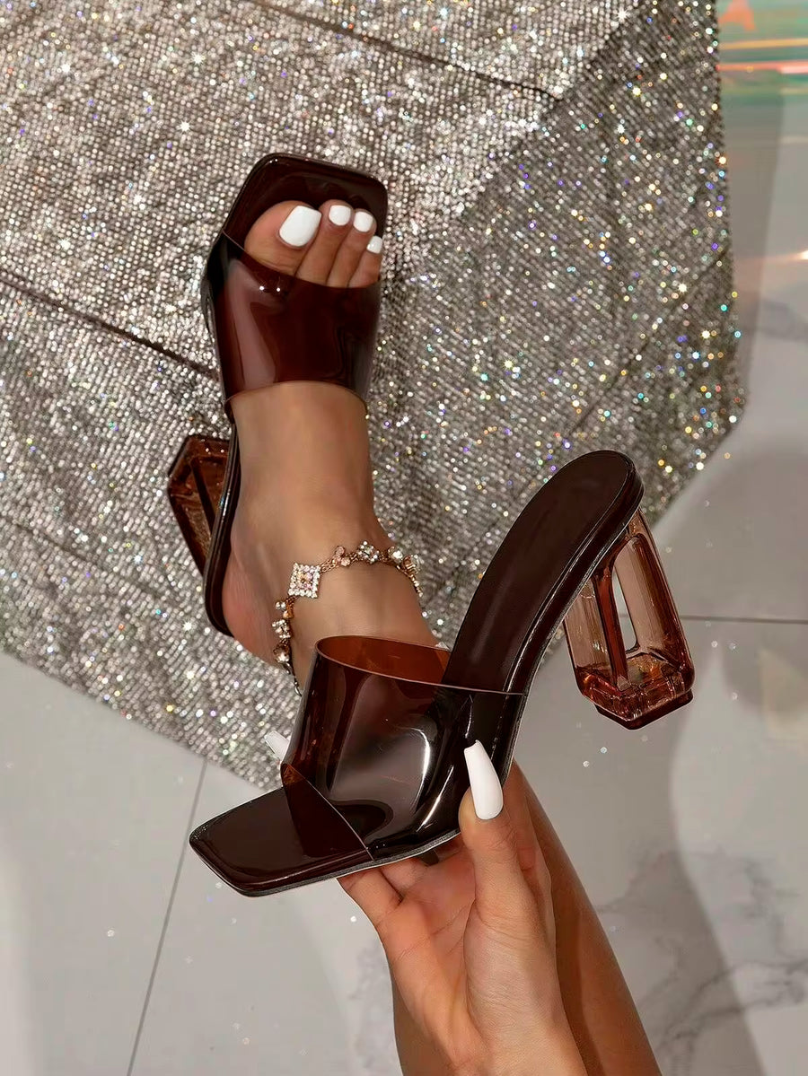 Women Transparent High Heeled Mules With Asymmetrical Heel, New Summer Style Comfortable Versatile Glass Jelly Crystal,Chunky Heels