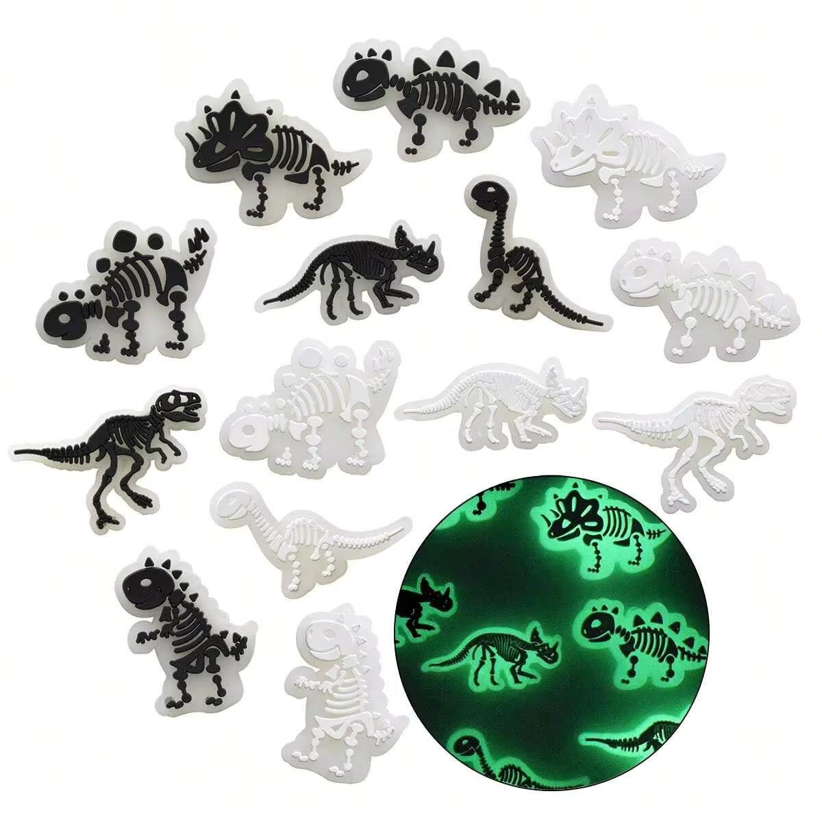 7/14pcs Glow In The Dark Dinosaur Skeleton Shoe Charms, PVC Shoe Decorations, Shoe Accessories,Gift Idea For Birthday Christmas Halloween Party Favors