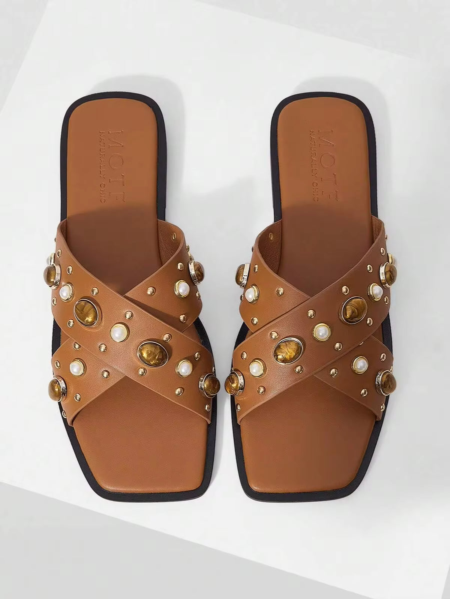 MOTF OUTDOOR WOMEN'S FLAT BOTTOM SQUARE TOE RHINESTONE SIMPLE SLIPPERS WOMEN'S THICK BOTTOM OPEN-TOED CASUAL VERSATILE BEACH SLIPPERS SUMMER