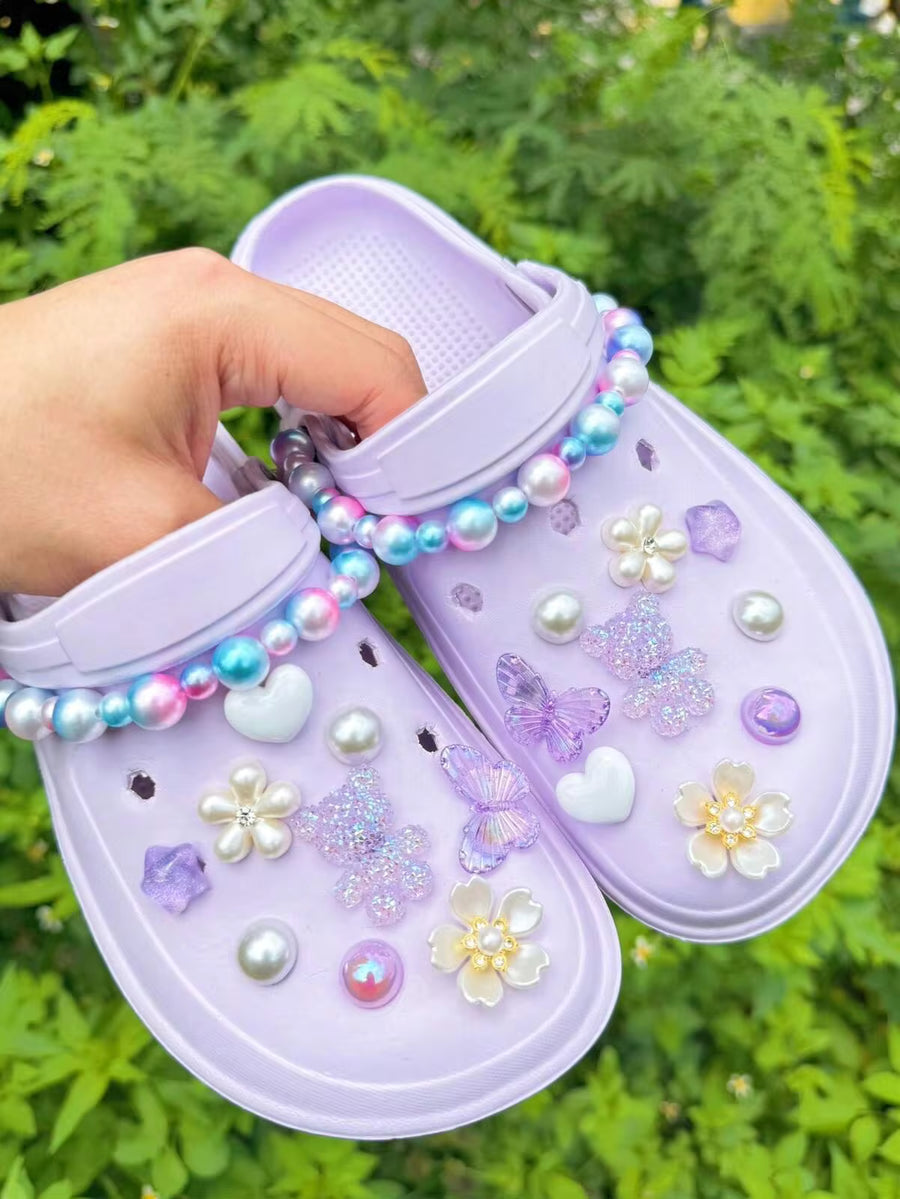 20pcs Purple Glitter Bear DIY Shoe Charms, Iridescent Butterfly Shoe Flowers, Multi-Color Pearl Chain Ornaments, Cream White Flower Heart Pearl Detachable, Suitable For Shoes With Holes
